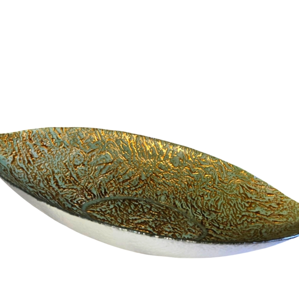 MCM Golden Glass Leaf Bowl Reverse Guilt Silver Back  16" x 10" 